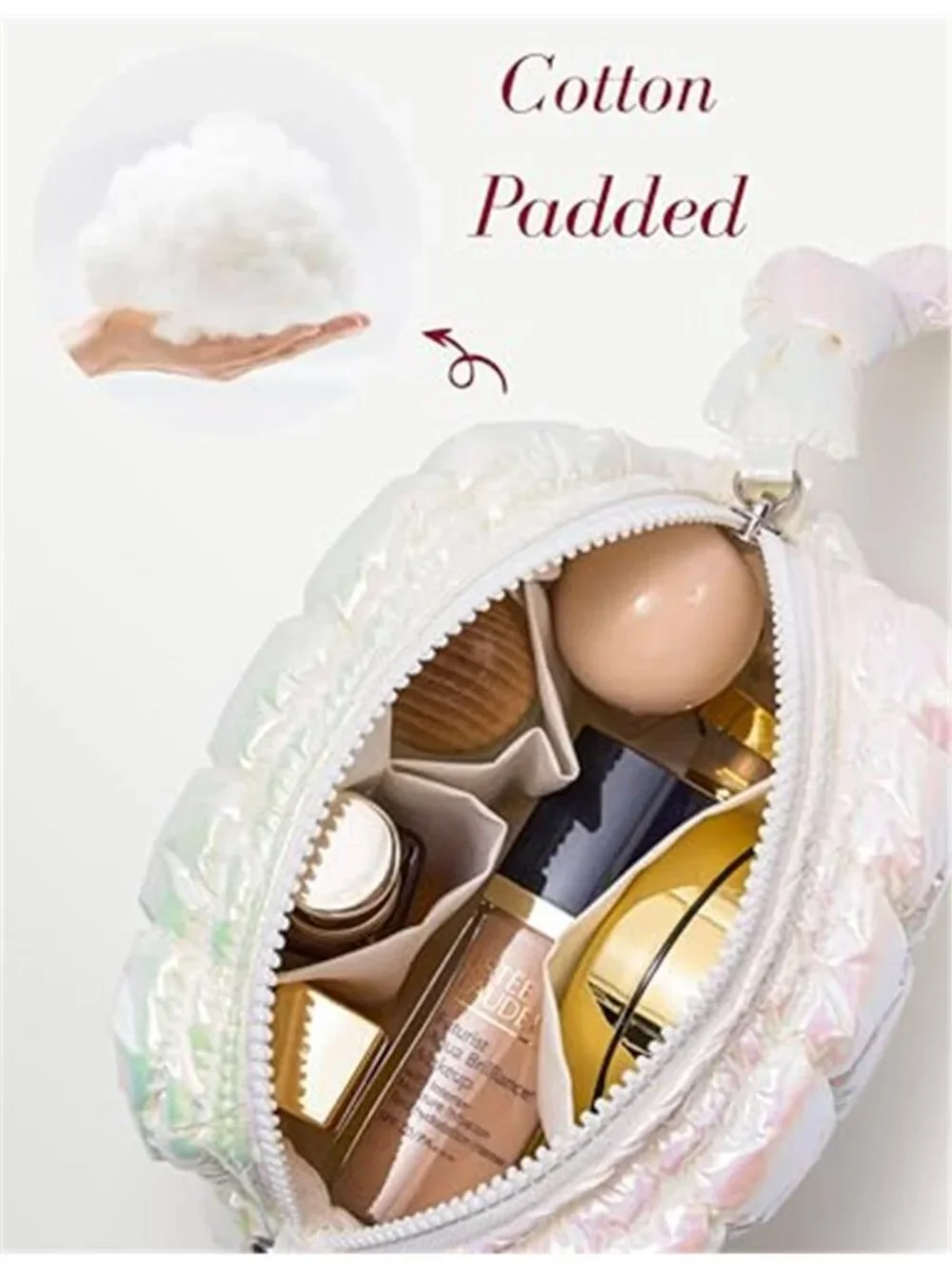 Quilted Makeup Bag, Puffy Cosmetic Bag Iridescent White Travel